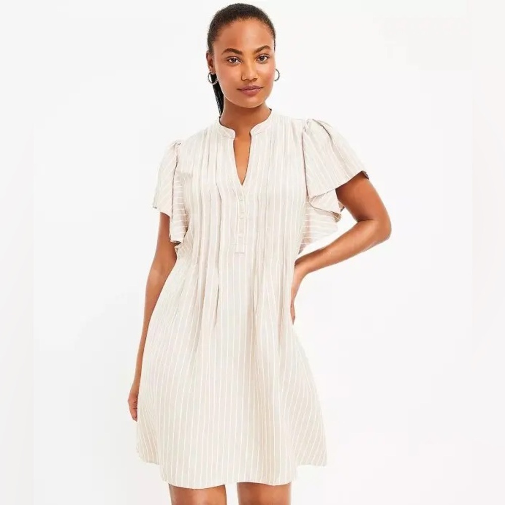 Loft Women’s Linen Blend Midi Dress Size Medium Flutter Sleeves Tan & White